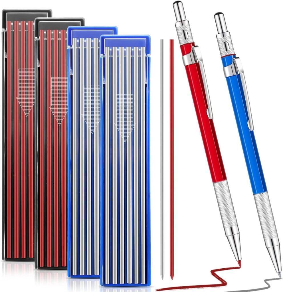 2 Pcs Welders Pencil with 48 PCS Round Refills Mechanical Pencils Metal Welding Marker for Tube Pipe Fitter Welder Steel Construction Woodworking (Red, Silver)