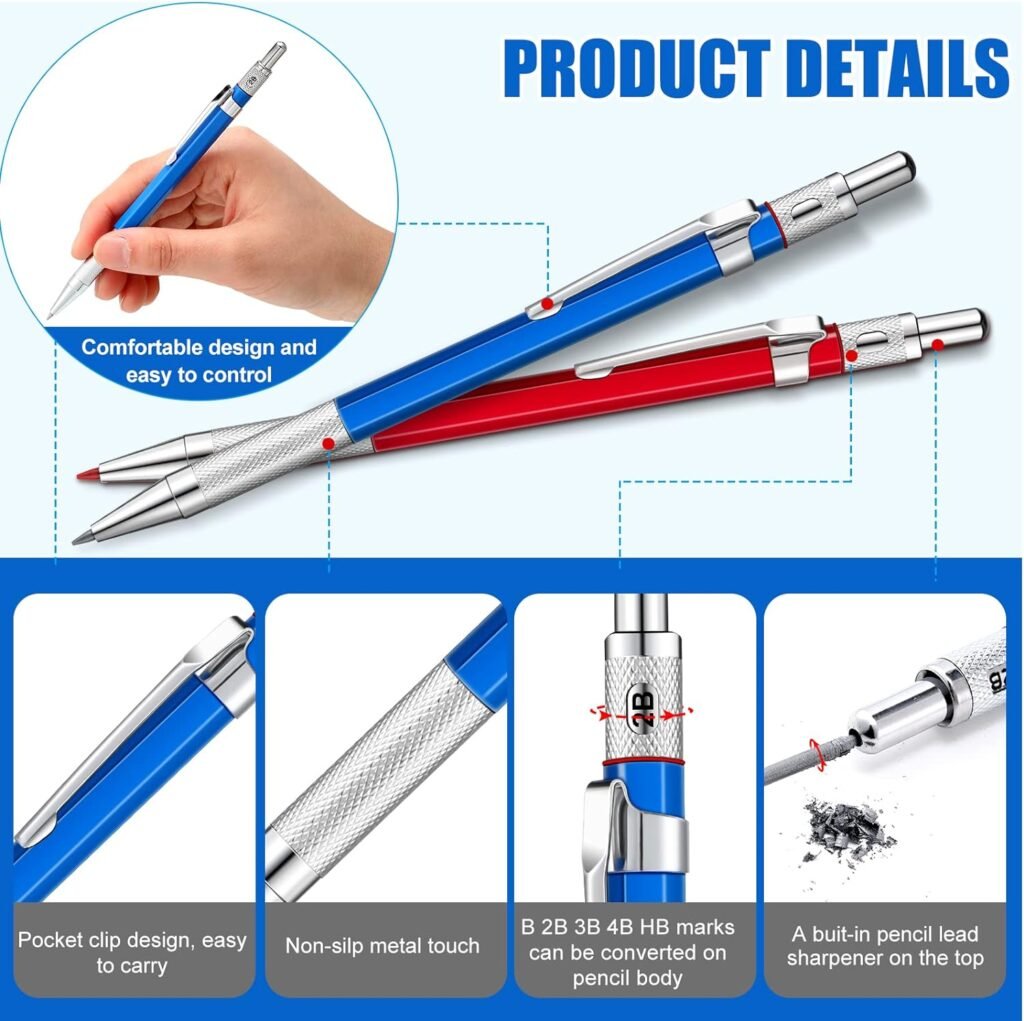 2 Pcs Welders Pencil with 48 PCS Round Refills Mechanical Pencils Metal Welding Marker for Tube Pipe Fitter Welder Steel Construction Woodworking (Red, Silver)