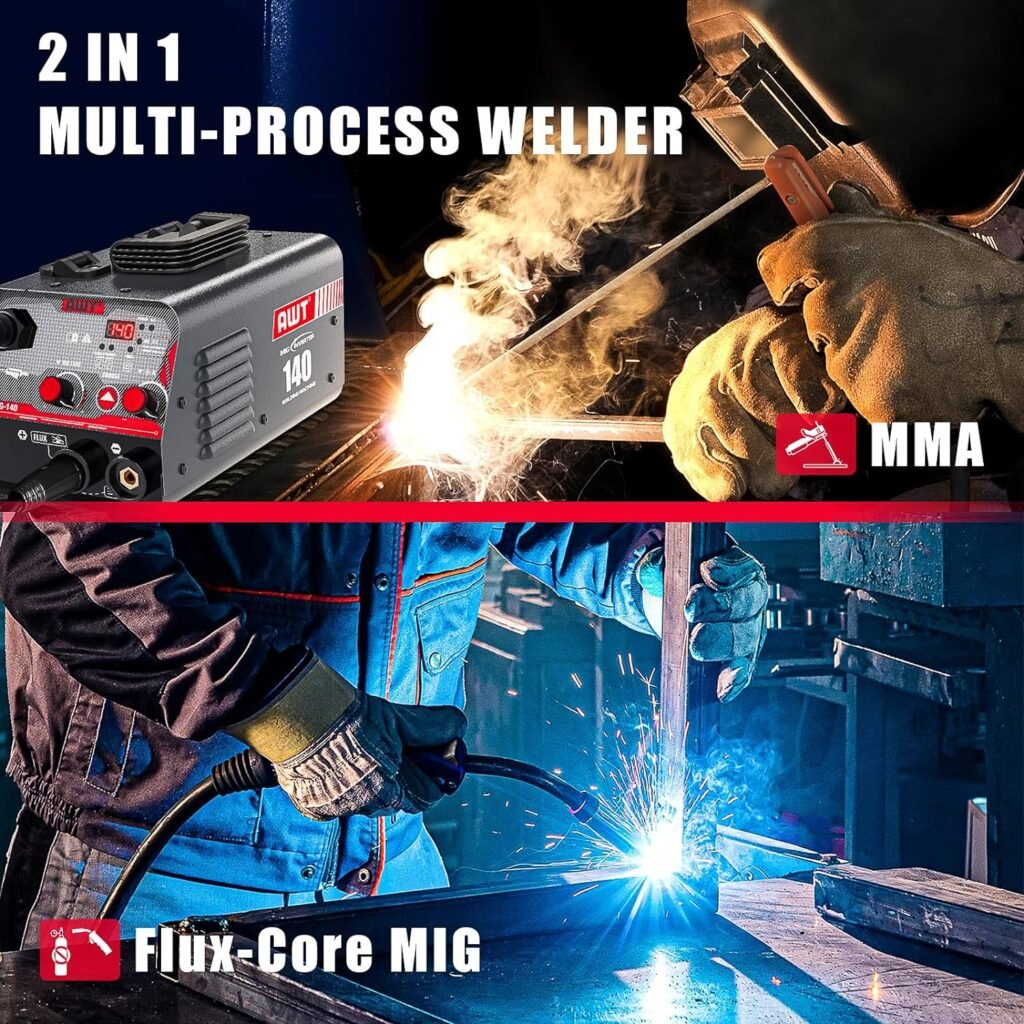 AWT 140Amp MIG Welder Flux Core MIG Welder/Stick/Lift TIG 3 in 1 Welding Machine, Welder Machine 110V With Synergy IGBT Inverter, Portable Gasless Welder Equipment