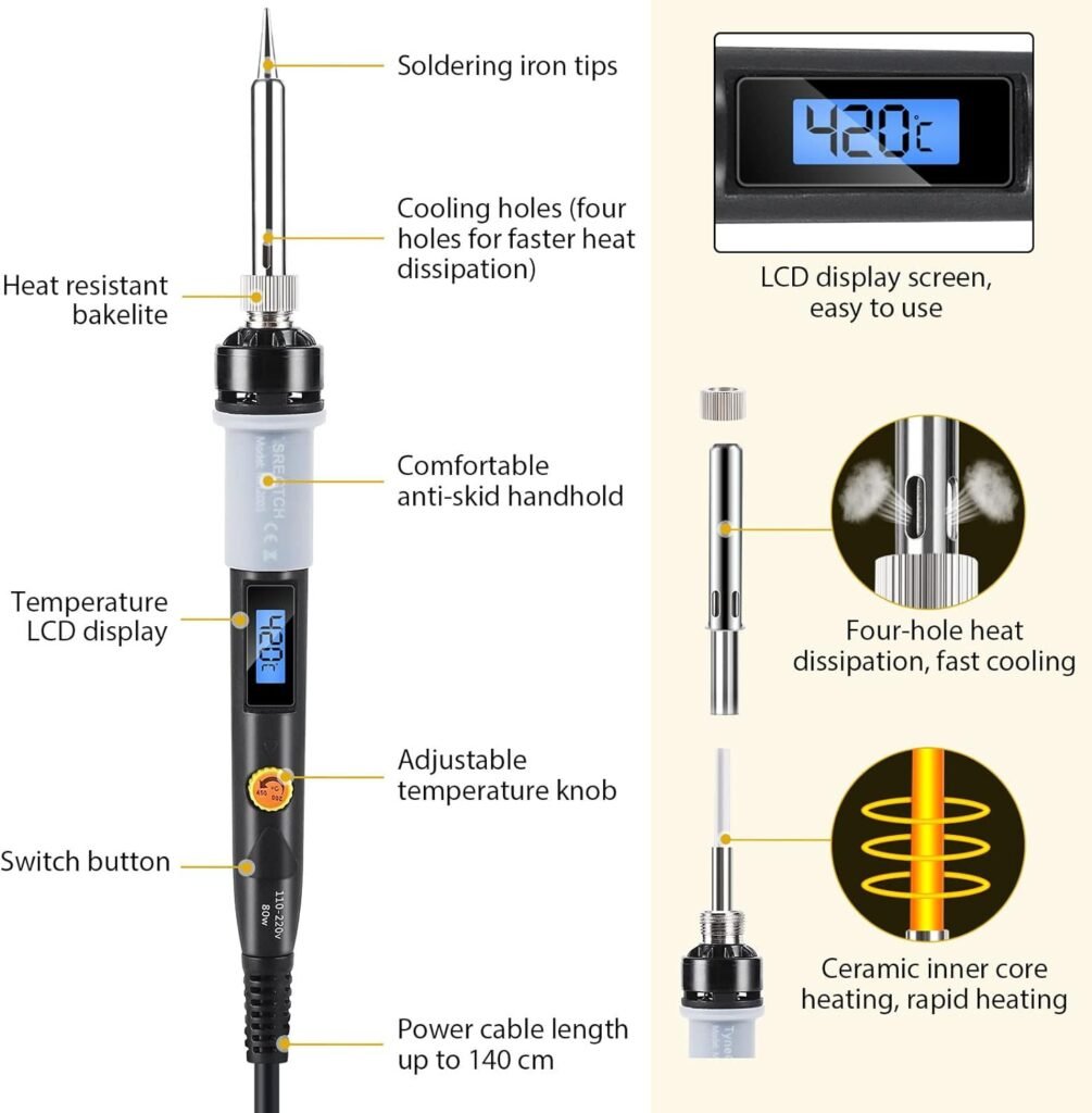 Electronics Soldering Iron Kit, 80W Adjustable Temperature Welding Tool With LCD Display,20 in 1 Soldering Kit,On/Off Switch,Solder Wire,Clean Ball,Soldering Tips,Soldering Stand, Desoldering Pump