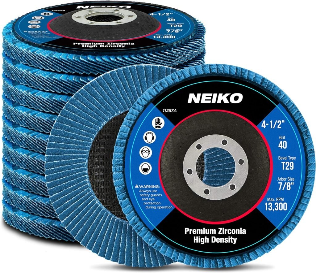 NEIKO 11257A High Density Jumbo Premium Zirconia Flap Disc | 4.5 x 7/8-Inch, 40 Grit, Bevel Type #29-10 Pack