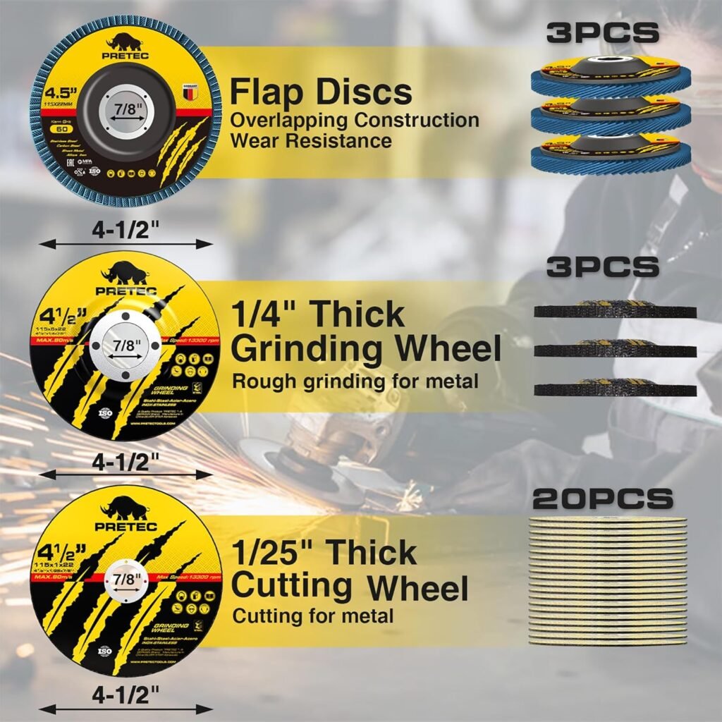 PRETEC 26 Packs Angle Grinder Cutting Flap Grinding Disc Wheel 4 1/2in Inches - 20 Packs 4.5x1/4x7/8 Cut Off Wheels,3 Packs 4.5x7/8 60 Grit Flap Discs, 3 Packs 4.5x1/25x7/8 Grinding Wheels