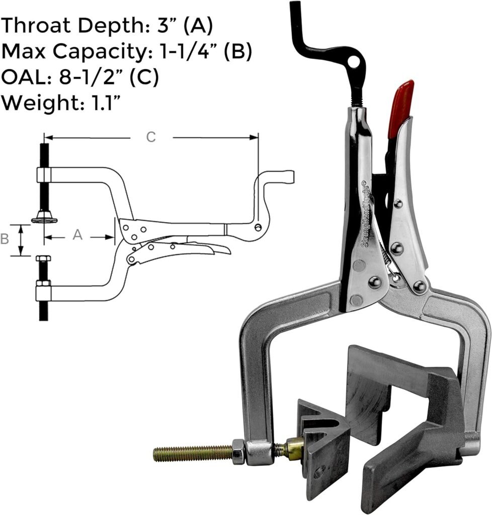 Strong Hand Tools JointMaster, 90 Degree, Angle Clamping Tool, Throat Depth: 3, Max Capacity: 1-1/4, OAL: 8-1/2, Single Hand T-Joint Clamp Tool, PL634