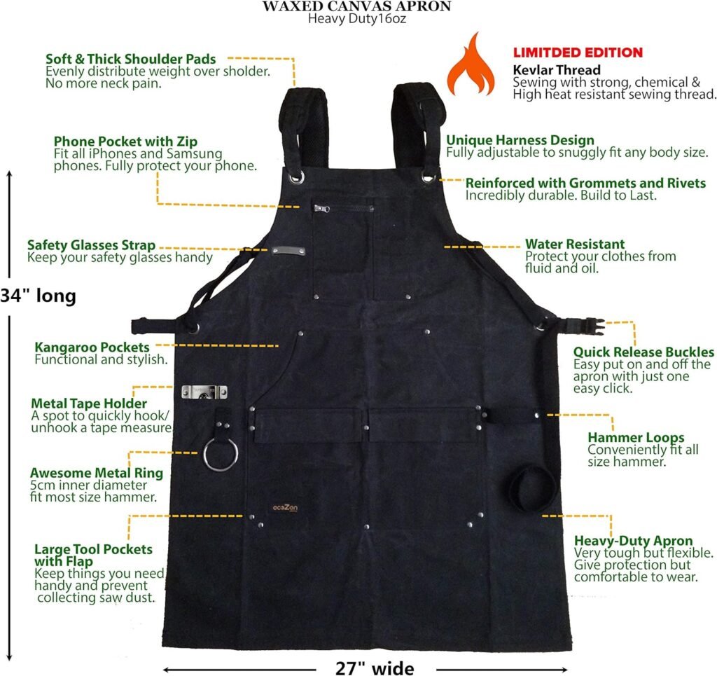 Waxed Canvas Apron (Kevlar Thread) Welding Apron - HeatChemical Resistant Heavy Duty Fully Adjustable to Comfortably Fit Men and Women Size S to XXL | Tool Apron Give Protection and Last a Lifetime