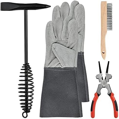 Worldity 4Pcs Welding Slag Removal Tool Set, 10 Inch Chipping Hamme with Coil Spring Handle, Mufti Functional Welding Pliers, Wire Brush, Welding Gloves for Cleaning Removing Slag