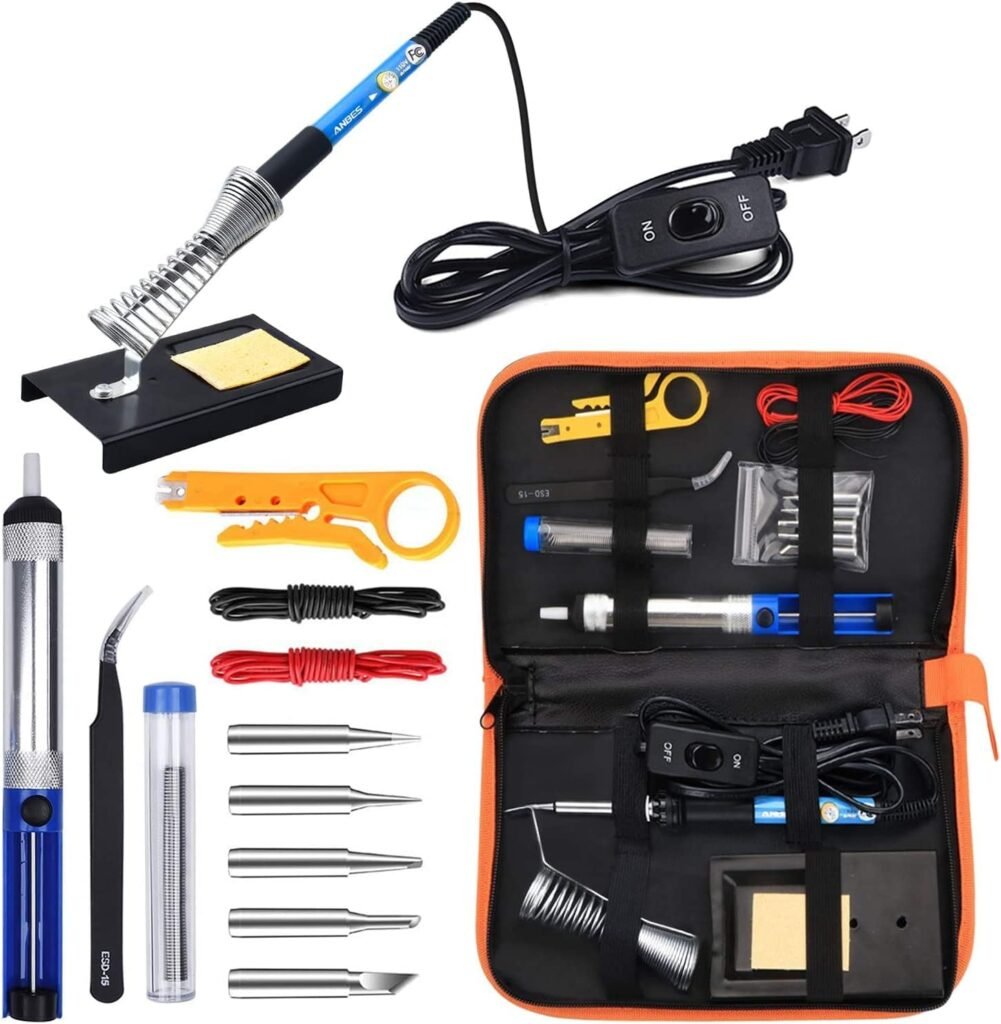 ANBES Soldering Iron Kit Electronics, 60W Adjustable Temperature Welding Tool, 5pcs Soldering Tips, Desoldering Pump, Soldering Iron Stand, Tweezers