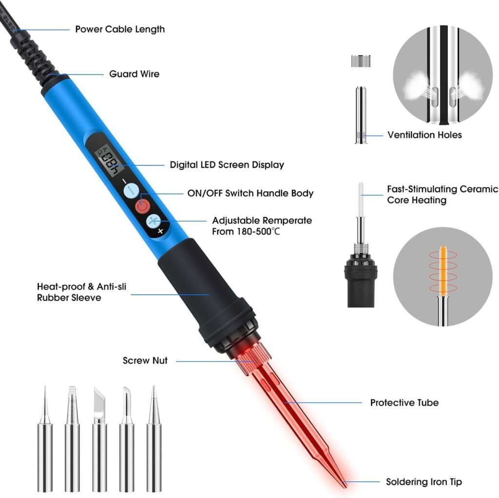 ANBES Soldering Iron Kit Electronics, 60W Adjustable Temperature Welding Tool, 5pcs Soldering Tips, Desoldering Pump, Soldering Iron Stand, Tweezers