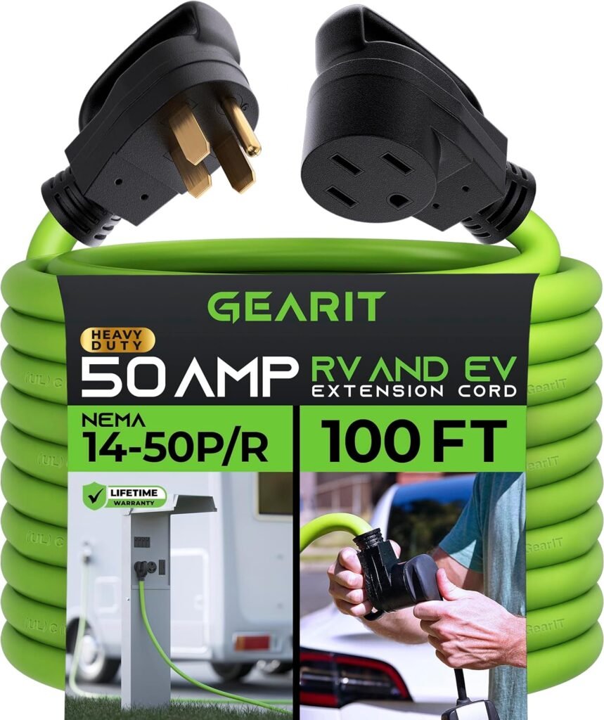 GearIT 50 Amp RV/EV Extension Cord (15 ft) 4-Prong 250-Volt, Compatible with Tesla Model 3/S/X/Y Mobile Charger, NEMA 14-50P to 14-50R 6/3+8/1 STW AWG Gauge Outdoor Waterproof Power Cable - 15 Feet