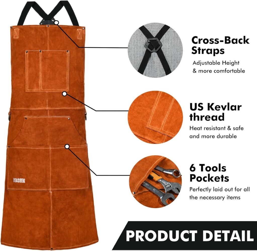 LeaSeek Leather Welding Apron - Flame and Heat Resistant Bib Apron with 6 Pockets