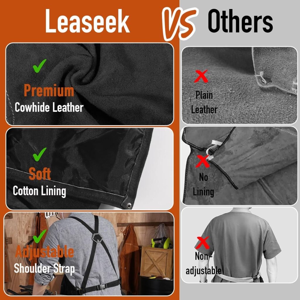 LeaSeek Leather Welding Apron - Flame and Heat Resistant Bib Apron with 6 Pockets