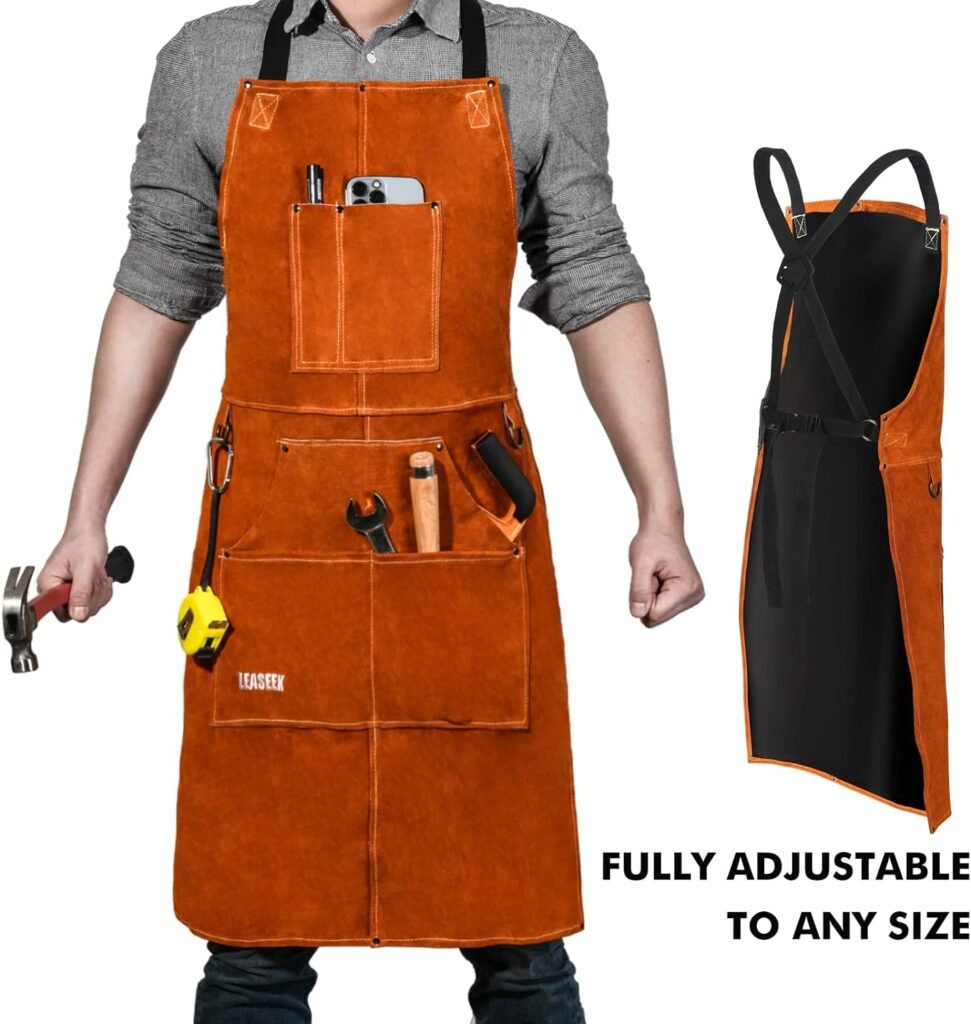 LeaSeek Leather Welding Apron - Flame and Heat Resistant Bib Apron with 6 Pockets