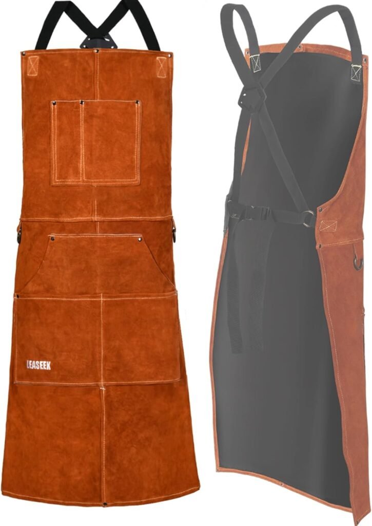 LeaSeek Leather Welding Apron - Flame and Heat Resistant Bib Apron with 6 Pockets