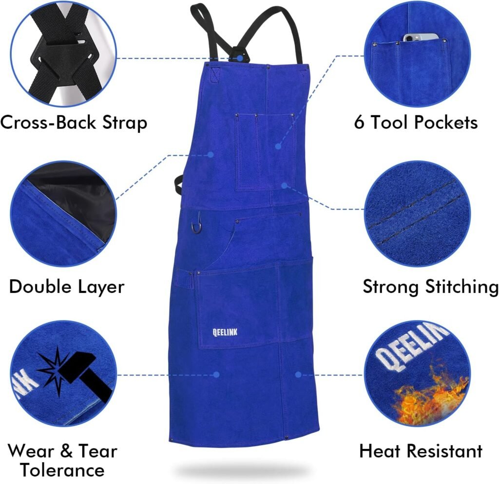 QeeLink Leather Welding Apron with 6 Pockets - Heat  Flame-Resistant Apron, 24 X 42, Adjustable M to XXXL