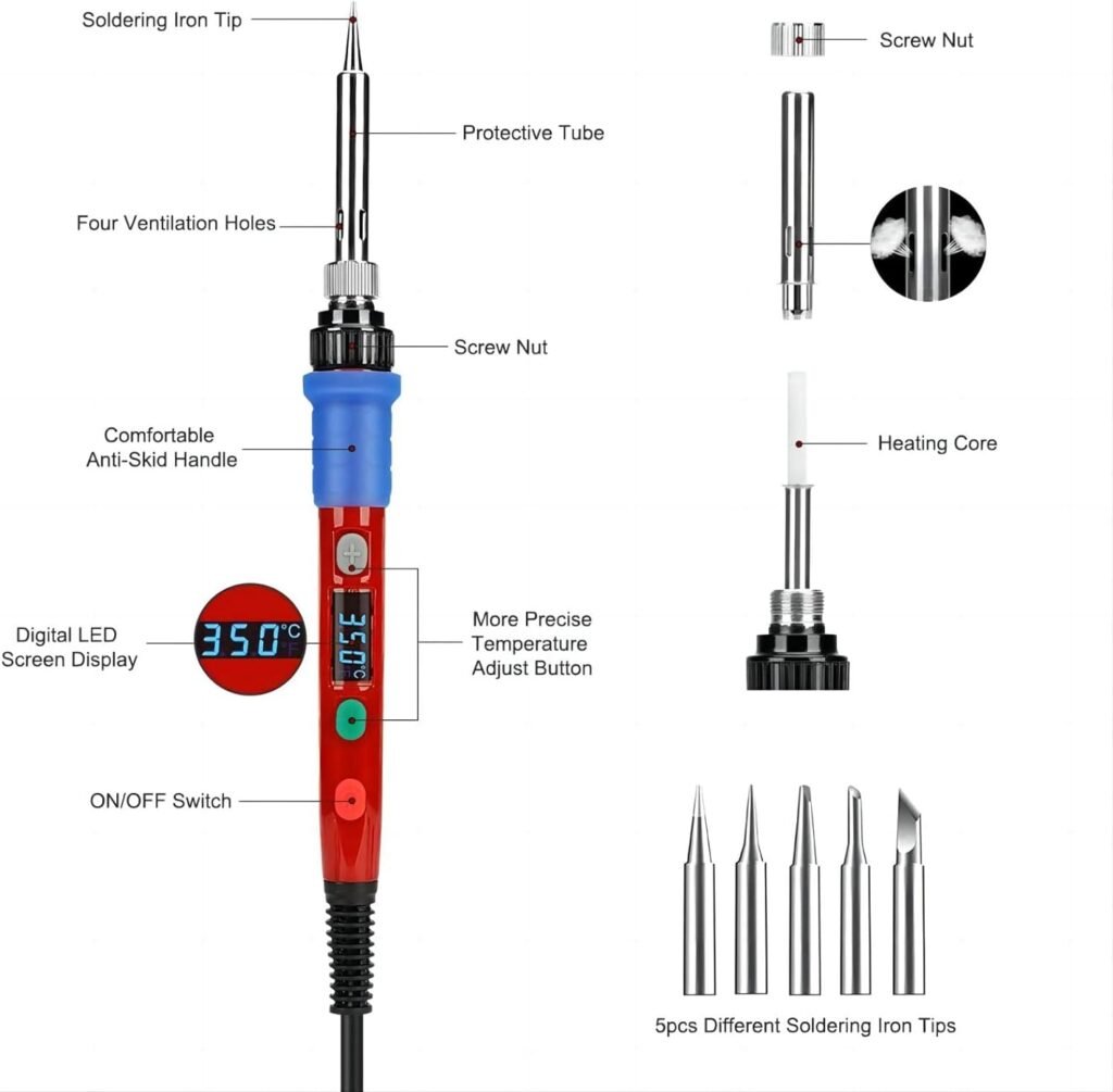 Soldering Iron Kit, 60W Soldering Iron with Interchangeable Iron Tips, 10-in-1 Adjustable Temperature Soldering Welding Iron Kit for any Hobby Enthusiast 110V US Plug