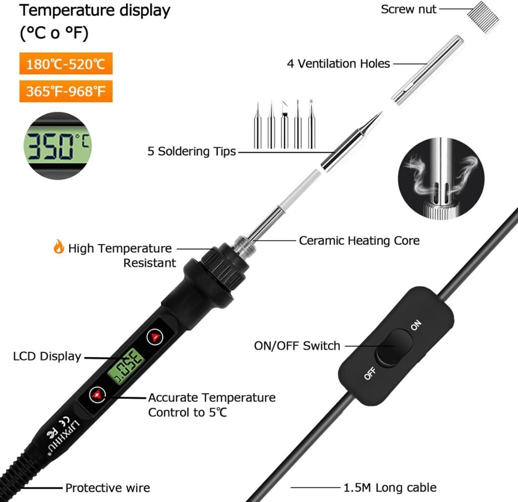 Soldering Iron Kit 90W LCD Temperature Control 180-480°C Electric Solder Kit 14 in 1 Fast Heating Soldering Gun Welding Tools, 5 Iron Tips for Electronics Repair, Jewelry, DIY, Crafts-making