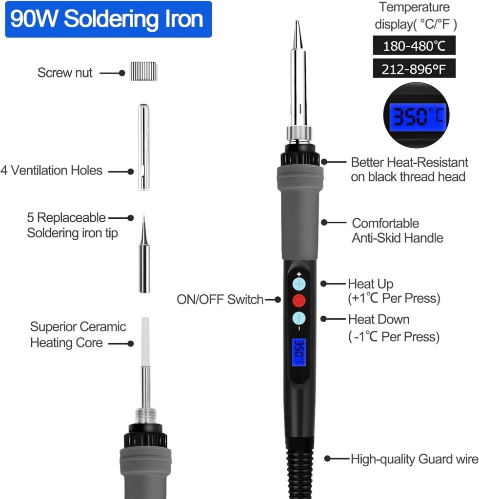 Soldering Iron Kit 90W LCD Temperature Control 180-480°C Electric Solder Kit 14 in 1 Fast Heating Soldering Gun Welding Tools, 5 Iron Tips for Electronics Repair, Jewelry, DIY, Crafts-making