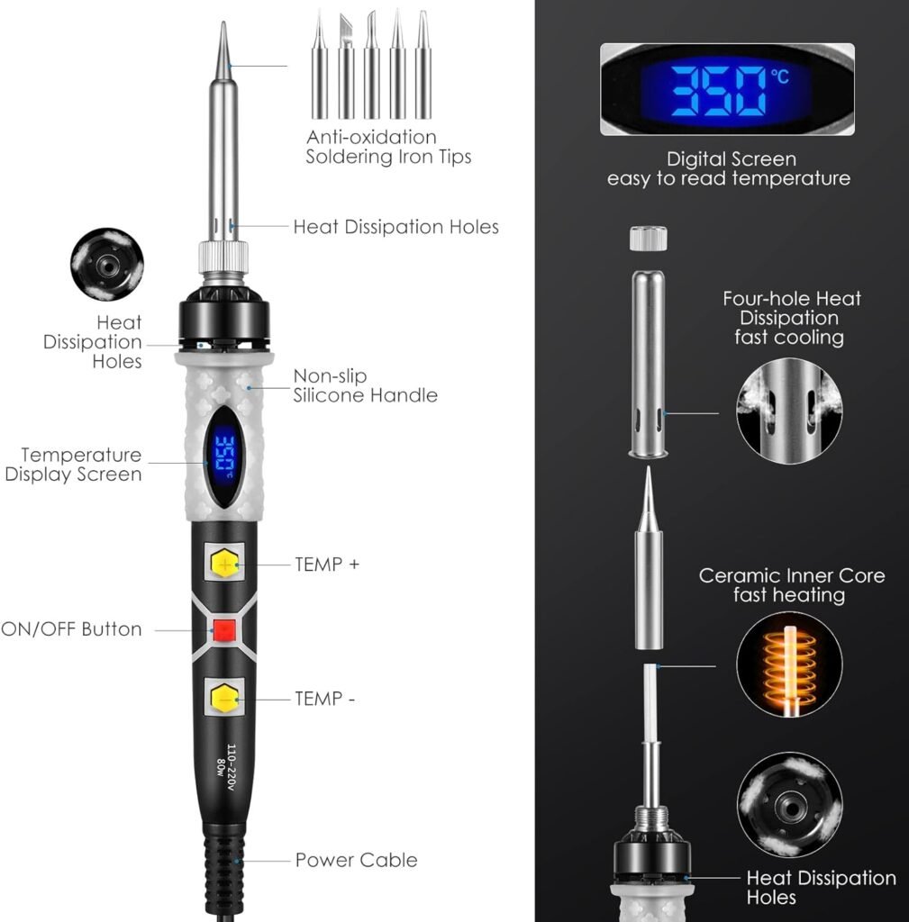 Soldering Iron Kit Electronics, 60W Soldering Welding Iron Tools with ON-Off Switch, 5pcs Soldering Iron Tips, Solder Sucker, Soldering Iron Stand, Tweezers, Solder Wire, Wire Cutter, PU Carry Bag