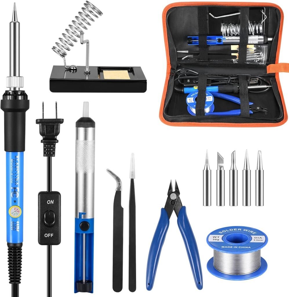 Soldering Iron Kit Electronics, 60W Soldering Welding Iron Tools with ON-Off Switch, 5pcs Soldering Iron Tips, Solder Sucker, Soldering Iron Stand, Tweezers, Solder Wire, Wire Cutter, PU Carry Bag