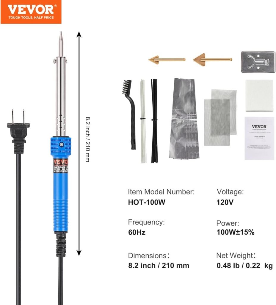 VEVOR Plastic Welding Kit, 100W Plastic Welder Soldering Iron Gun, Car Bumper Repair Kit with 2 Welding Tips, 1 Soldering Tip, 20 Plastic Welding Rods for Kayak/Toys/Plastic Crack/Electronics Repair