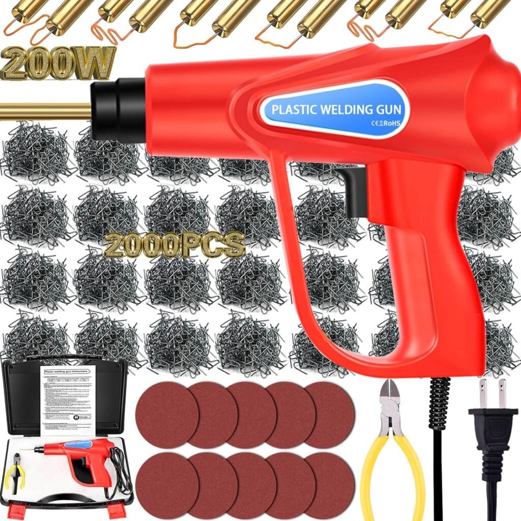 Wrdlosy 200W Plastic Welder, 2000PCS Staples 10PCS Abrasive Paper, Plastic Welding Kit Portable Toolbox, Plier, Plastic Repair Kit Car Repairs (Red)