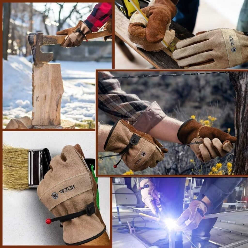 WZQH Leather Work Large Gloves for Men or Women, for Gardening, Tig/Mig Welding, Construction, Chainsaw, Farm, Ranch, etc. Cowhide, Cotton Lined, Utility, Firm Grip, Durable. Coffee-grey L